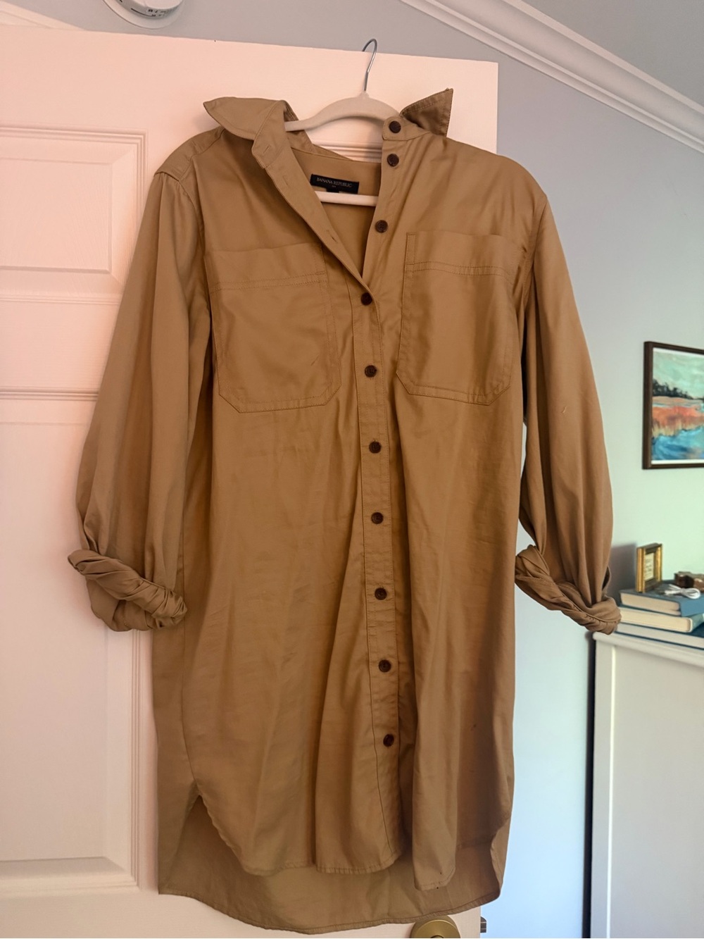 Lightweight Tan Button-Front Shirt Dress
